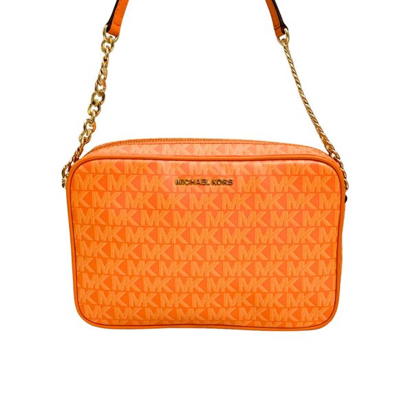 Michael Kors Jet Set Orange MK Logo Crossbody Bag Gold Chain Strap NWT - Picture 2 of 12